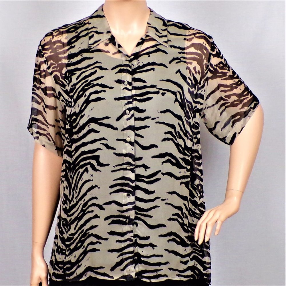 SILK! QUO-SILK size L black/gray short-sleeve 100% silk blouse hand wash or DC